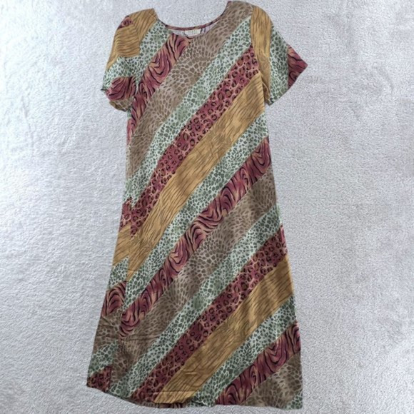 TEDDI Vintage Midi Dress Womens Large Petite Animal Striped Tie Back Short Sleev - Picture 1 of 10